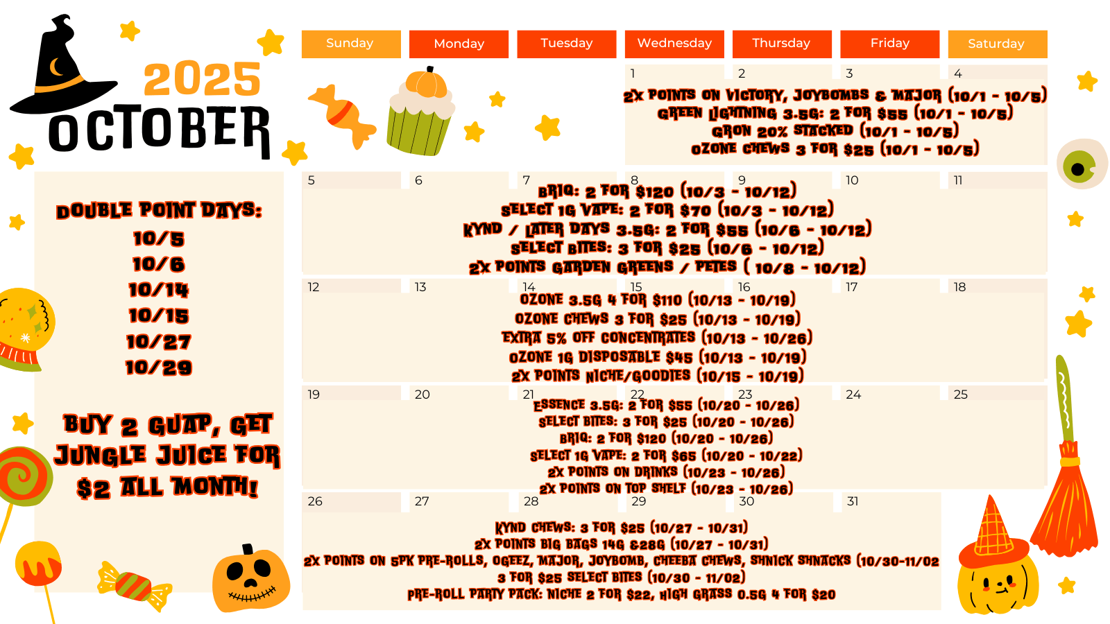 Black, orange, and beige playful illustrated Happy Halloween October 2025 Monthly Calendar.
